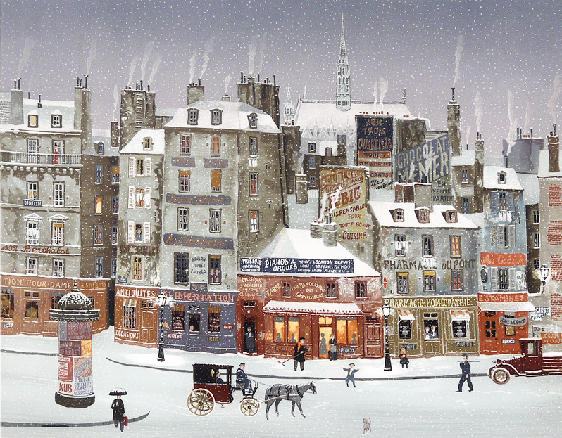 ミッシェル・ドラクロワの絵画作品　タイトルは、古きパリにクリスマスがやってくる